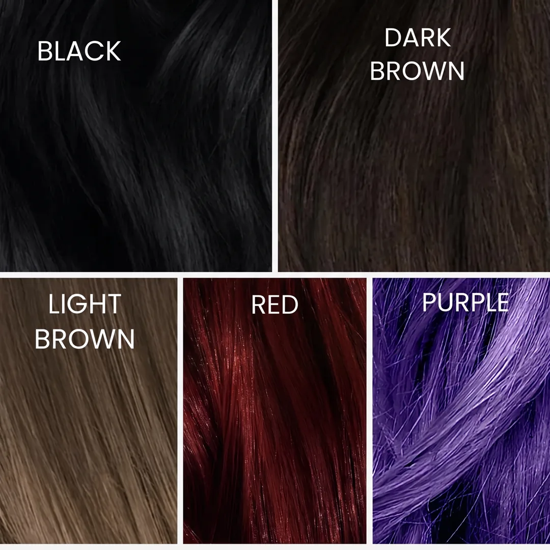 Hair samples in Black, Dark Brown, Light Brown, Red and Purple