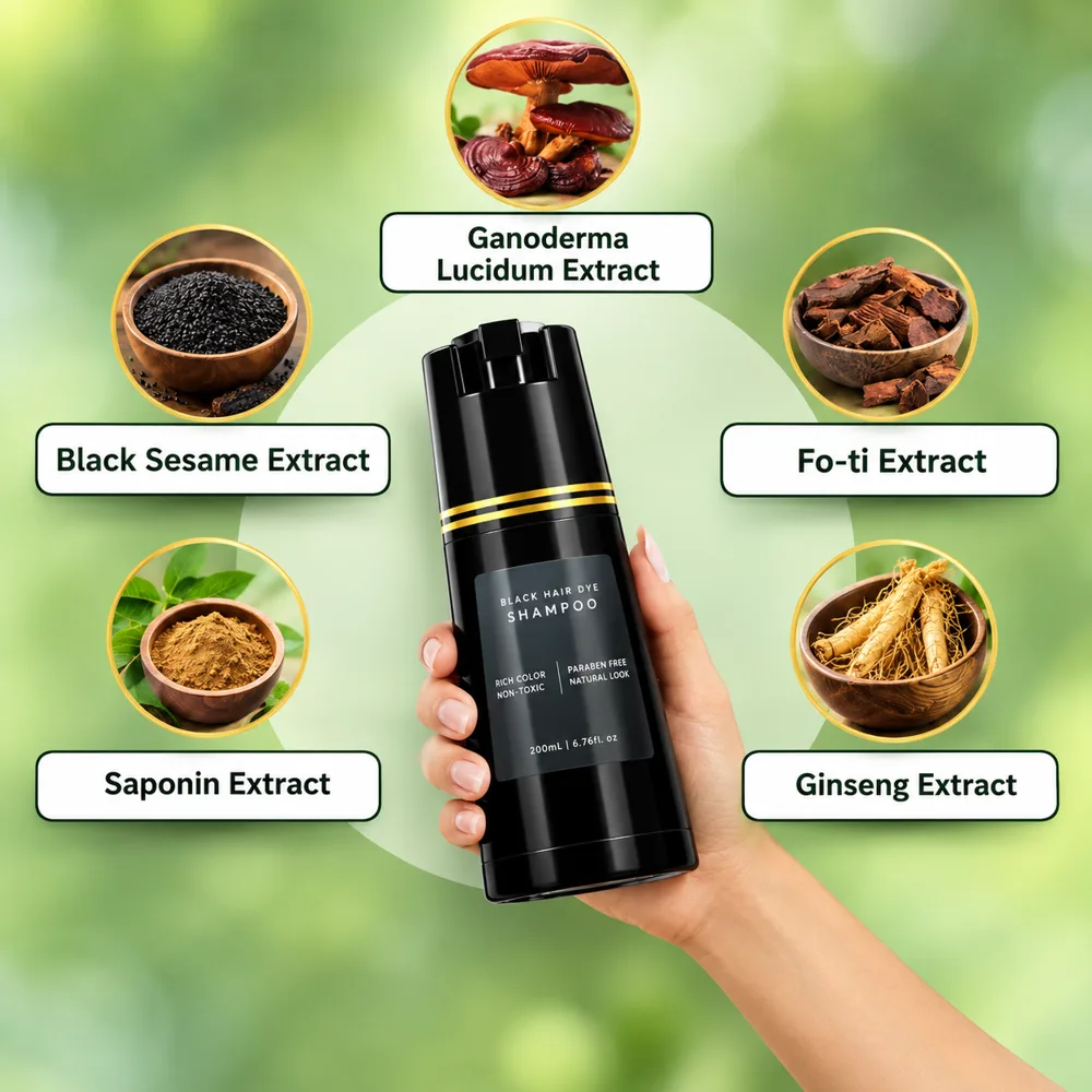 Hand holding the color shampoo bottle surrounded by its five plant extracts